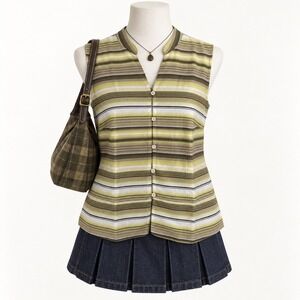 Y2K Striped Sleeveless Top Button Down Cotton Womens S Green Preppy Tenniscore